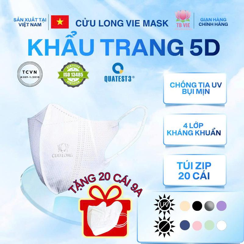 4 LỚP 100Cái tặng 20Cái 9A 5 LỚP VIE MASK - Khẩu Trang 5D 4 Lớp Kháng Khuẩn Cửu Long -Túi Zip 20 Chiếc - Miễn Phí Vận Chuyển - Màu Sắc Đa Dạng