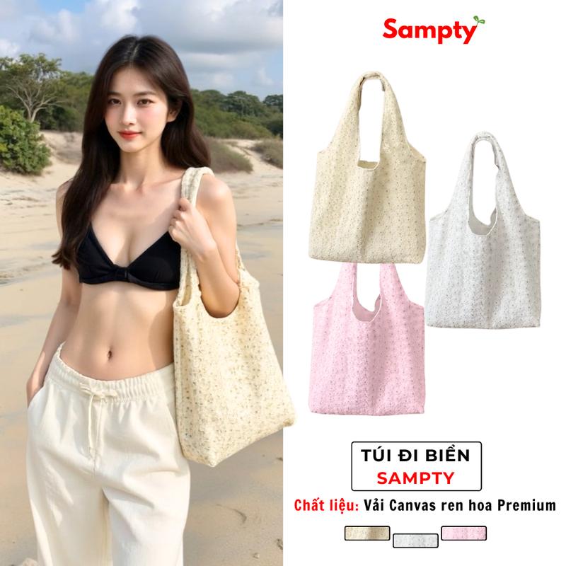  Túi Tote Đi Biển Thêu Ren Hoa Anh Đào Đeo Vai Phong Cách Hàn Quốc Sampty Bag Nữ Chữ Nhật Combo Túi Mũ Đi Biển 
