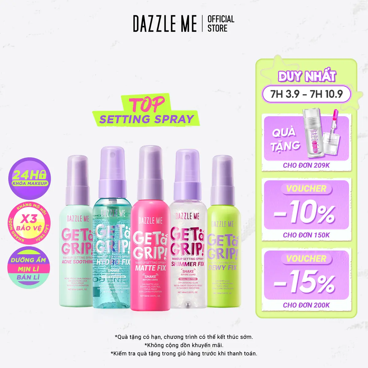 Xịt Khóa Makeup DAZZLE ME Xịt Cố Định Lớp Trang Điểm Lâu Trôi Và Kiểm Soát Dầu Dưỡng Ẩm Trên Da Makeup Setting Spray Dewy Matte 60ml Cosmetic Nữ Women Mỹ Phẩm