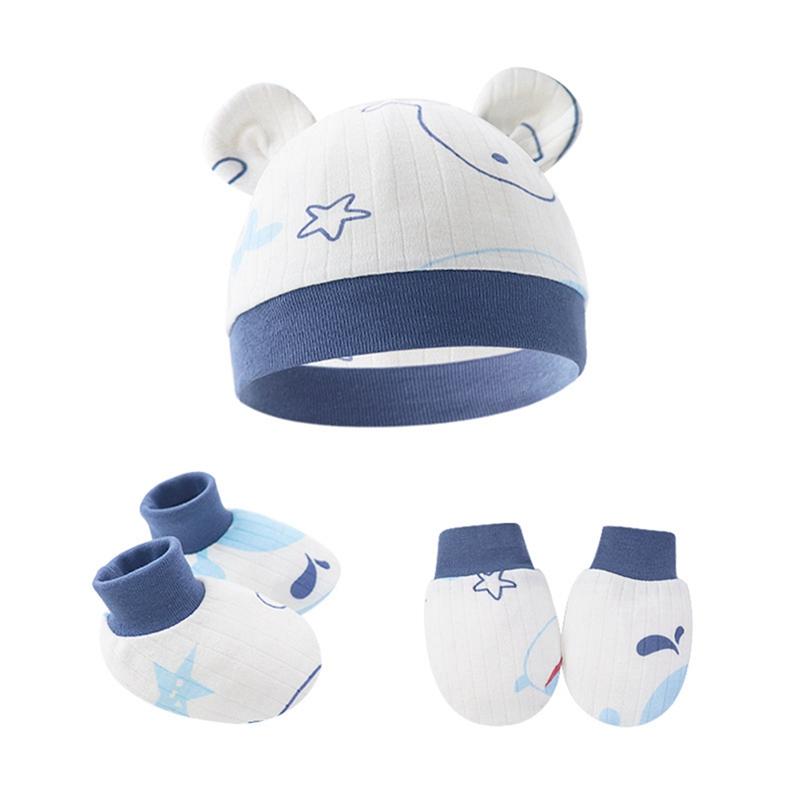 0-6M Baby Fetal Hat Anti-scratch Gloves Foot Cover 3 Pieces Set Newborn Ear Hat 4