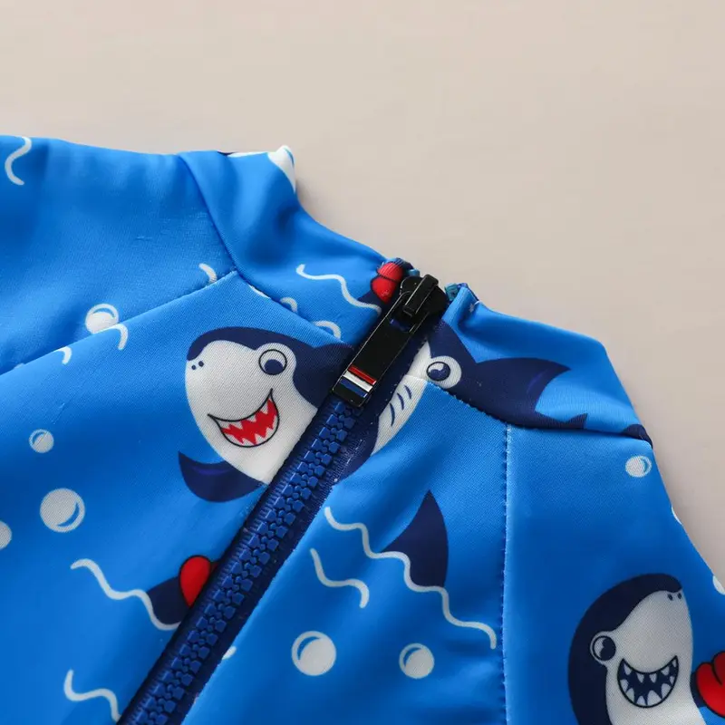 Baju Monyet Musim Panas Bayi Laki-laki Pakaian Renang Ritsleting Lengan Pendek Pola Hiu Kartun untuk Anak Laki-laki Pakaian Mandi Hiu 7