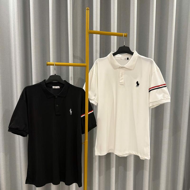Áo Polo Nam Cao Cấp Sọc Tay Đỏ Thêu Logo Ngựa Chất Cá Sấu Co Giãn Mặc Mát 2 Màu Đen Trắng Basic