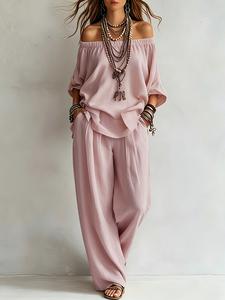 Conjunto casual de verano y primavera para mujer: top de un solo hombro con mangas siete pliegues y pantalón de pierna ancha; conjunto cómodo y elegante de dos piezas.
