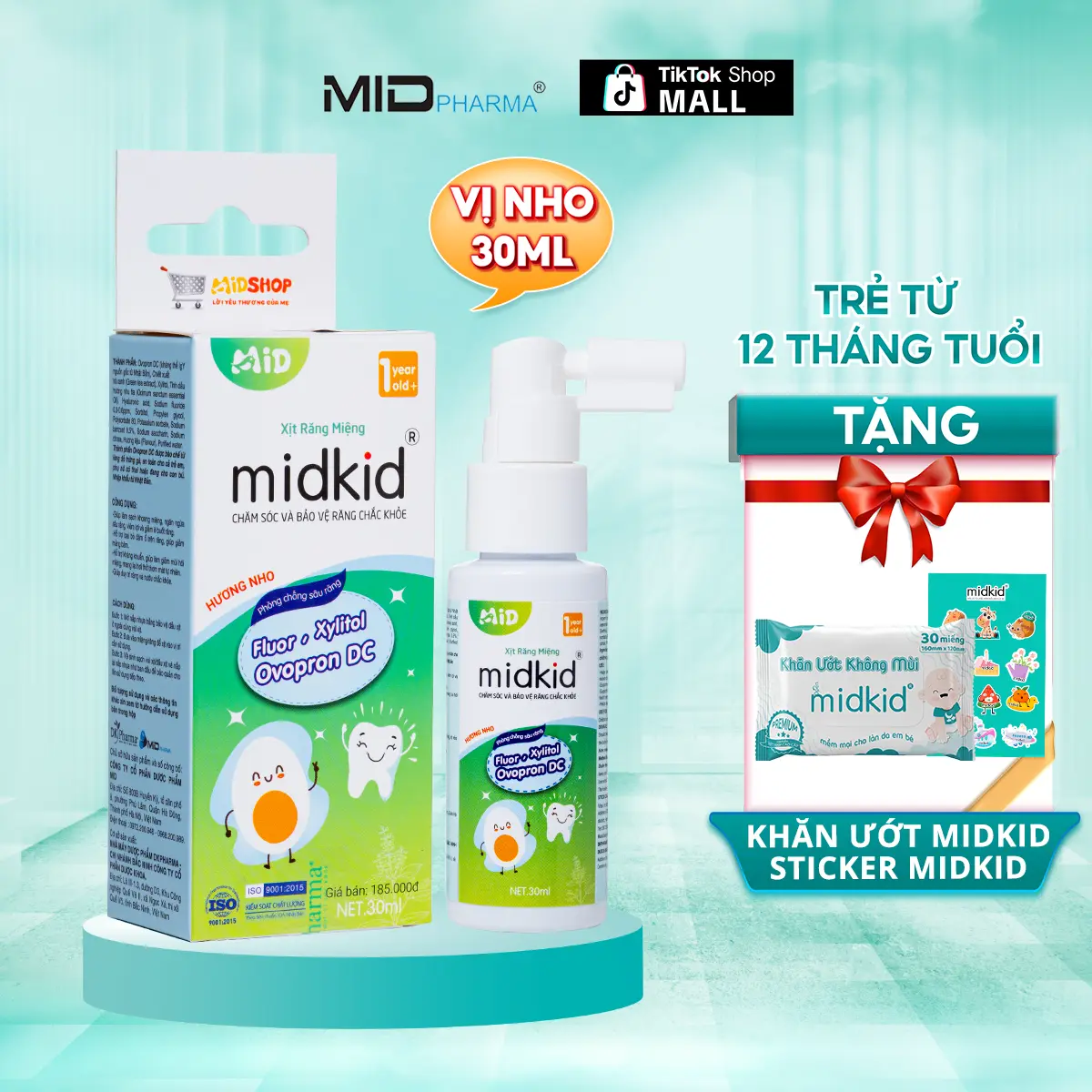 Xịt chống sâu răng Midkid cho trẻ nuốt an toàn, giúp làm sạch khoang miệng, trắng răng, bảo vệ men răng - Tặng Khăn Ướt Midkid + Sticker