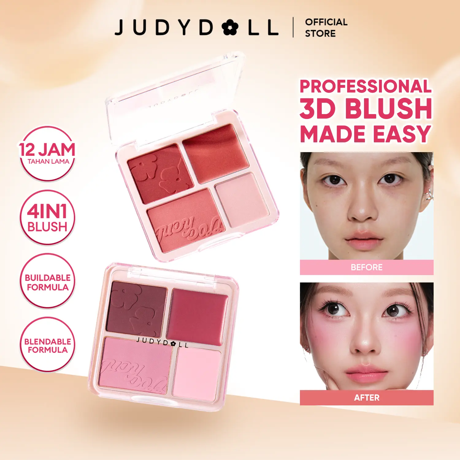 Judydoll Blush & Highlight Palette - 3 in e1 Eyeshadow Palette - Cream blush, blush on powder dan highlight, mudah digunakan, cocok untuk daily