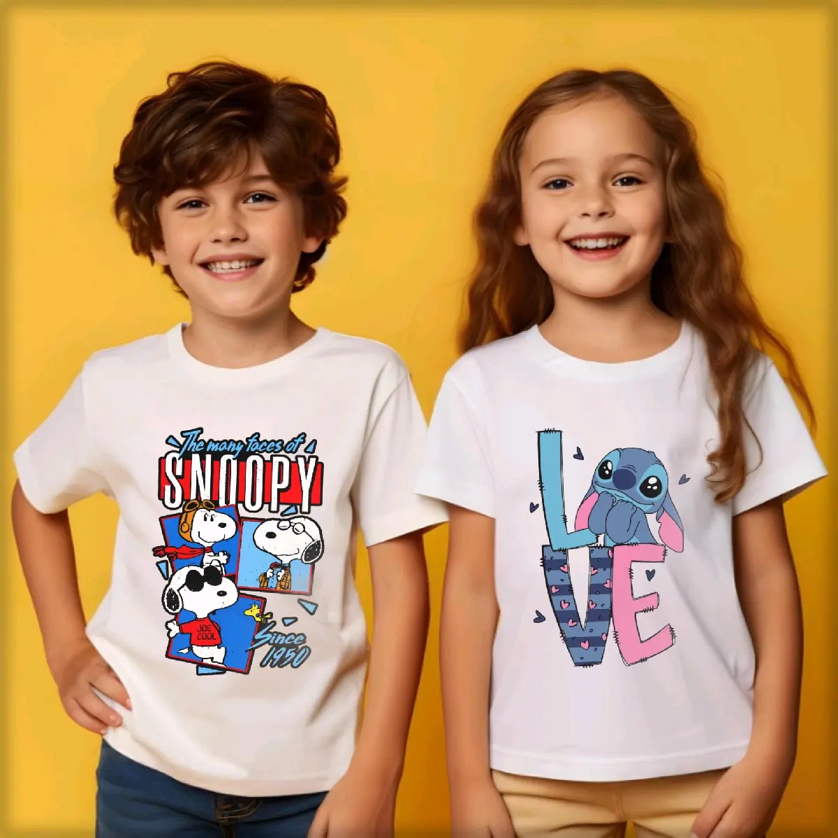 Kaos Anak Distro Snoopy Dan Stitch Love Untuk Laki-laki Dan Perempuan/Baju Anak Snoopy Doggy/Kaos Anak Lilo Stitch Fashion