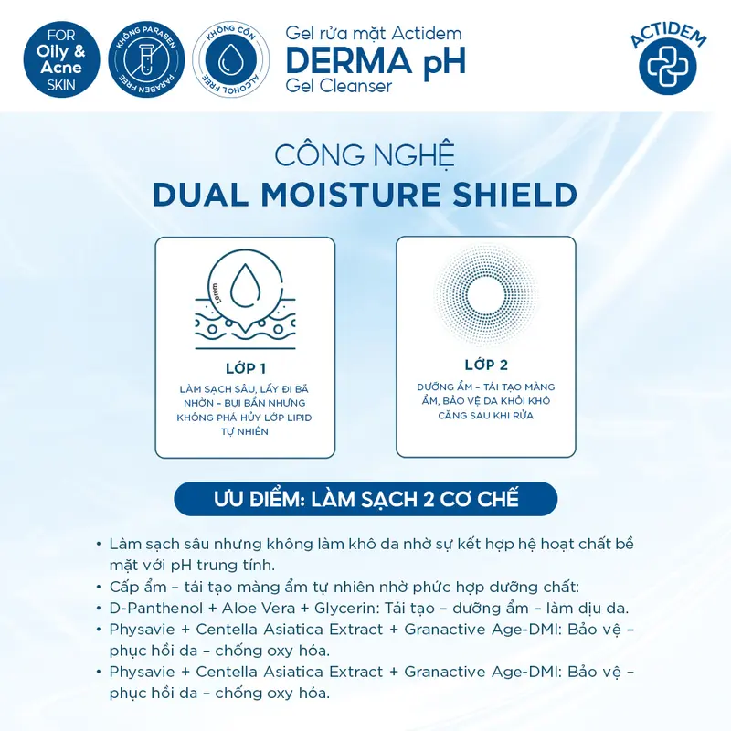 [Tặng 2 Quà Khi Mua 1 Tuýp] Gel rửa mặt giúp ngừa mụn cho da dầu, nhạy cảm, da hỗn hợp Actidem Derma pH/Sensitive/Purifying Gel Cleanser 30/150/180ml- ADS 5