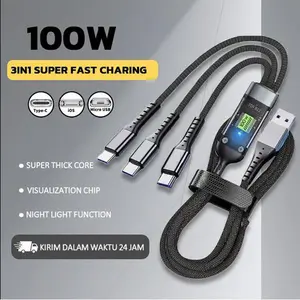 100W 3in1  Transparan Super Cepat Pengisian Daya untuk Ponsel Cerdas & Perangkat Elektronik dengan Konektor Aluminium Premium dan 3 Port Universal Type C Micro USB Lightning 100W 1.2 Meter