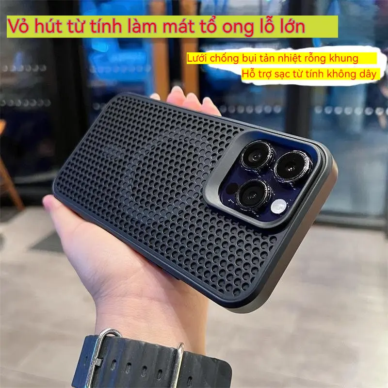 Ốp Điện Thoại tản nhiệt tổ ong lỗ lớn cho apple15 /iphone 12 pro max / 14pro max /iphone 13/ốp iphone, cảm giác da mờ, siêu mỏng, tản nhiệt từ tính Phone