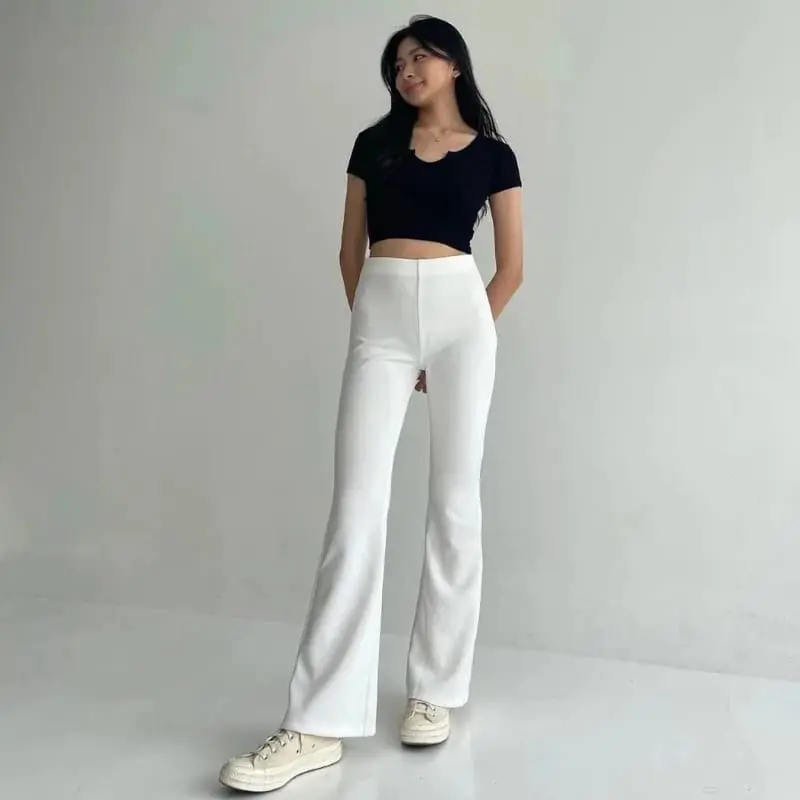 Flare Pants Highwaist Celana Wanita Semi Cutbray Kaki Karet Panjang Scuba 2