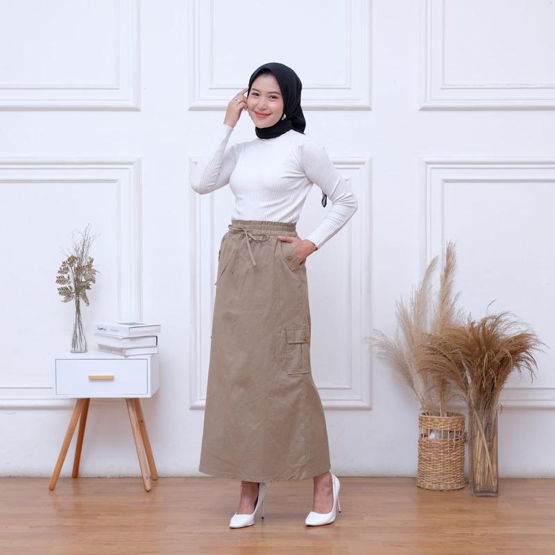 Cargo Twill Combed Street dengan Pinggang Karet dan Tali Serut - Nyaman Panjang Santai Wanita Casual Samping rok Pendek 0