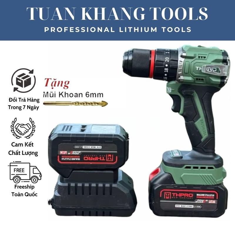 Máy khoan pin THPRO đầu kẹp 10ly/13ly có khóa trục, 3 chức năng có búa, động cơ không chổi than, chân pin phổ thông 4cm