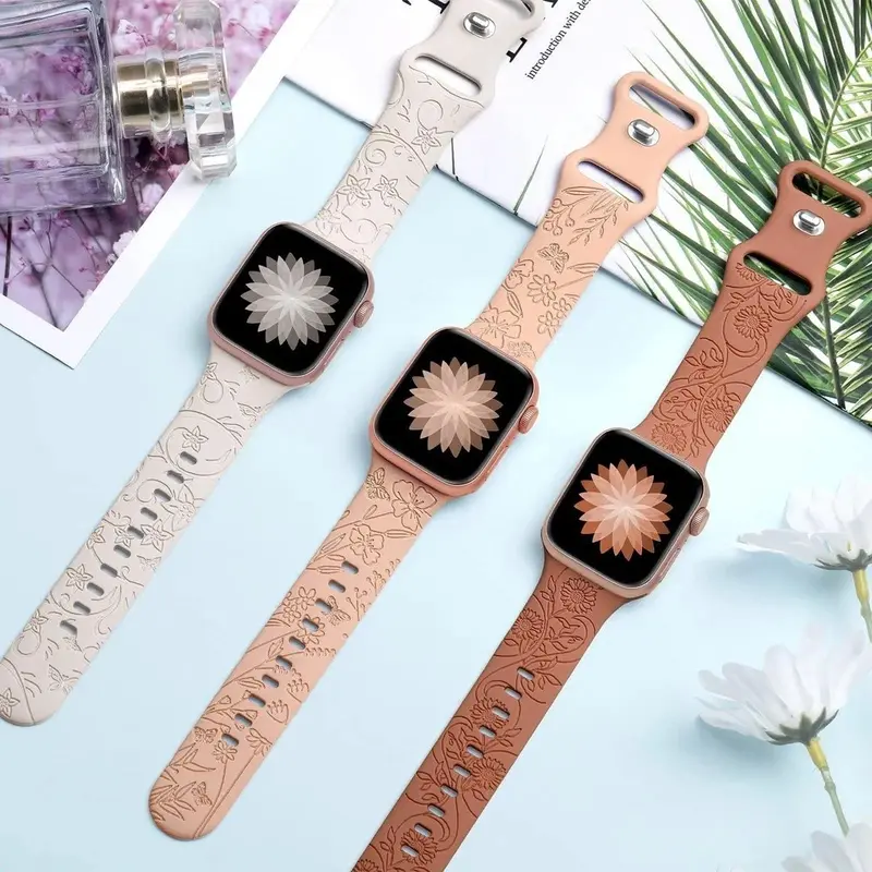 Strap for IWatch 49mm 45mm 44mm 42mm 41mm 40mm 38 mm Soft Sport Engraved Band Women Silicone Print Flower Printed Tali Jam Tangan Apple Watch Series 1 2 3 4 5 6 7 8 9 SE Ultra T500+pro Smartwatch S20 IWO HW IWO CW Rubber Accessories 7