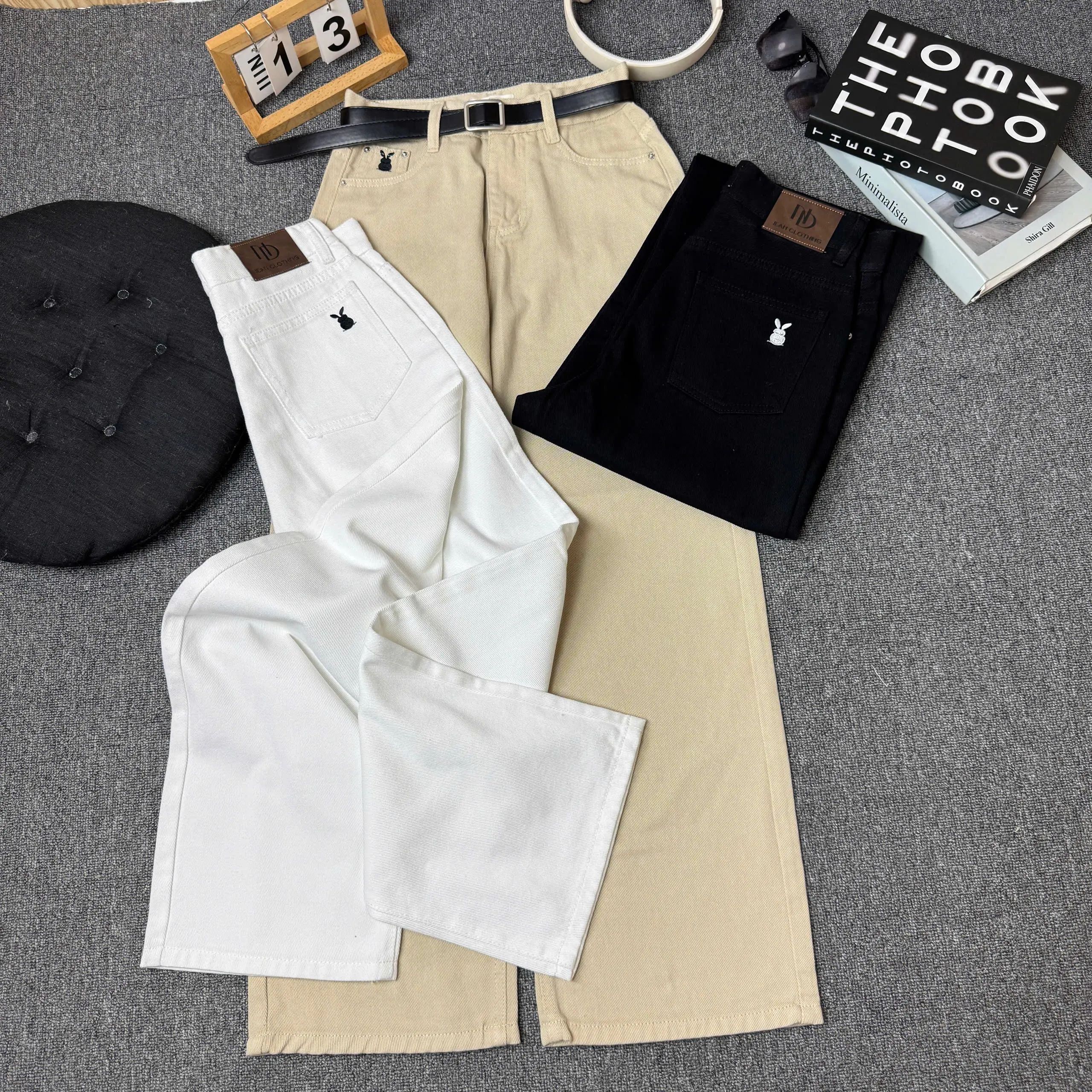 (ND Jean) Quần Jean Kaki Nữ Ống Suông Thêu Thỏ Lưng Cao - Dài 96-103CM -  5 Màu – Form Suông, Vải Không Giãn, Dễ Mặc | BigBuy360 - bigbuy360.vn