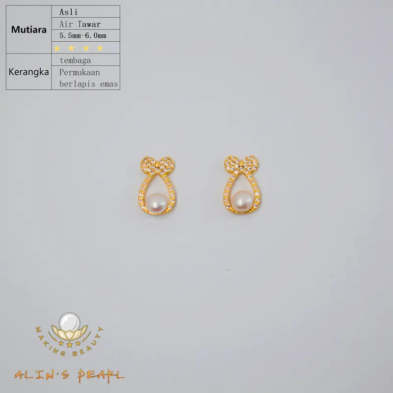 A08 Anting mutiara asli pita zirkon dengan design manis dan trendy 1