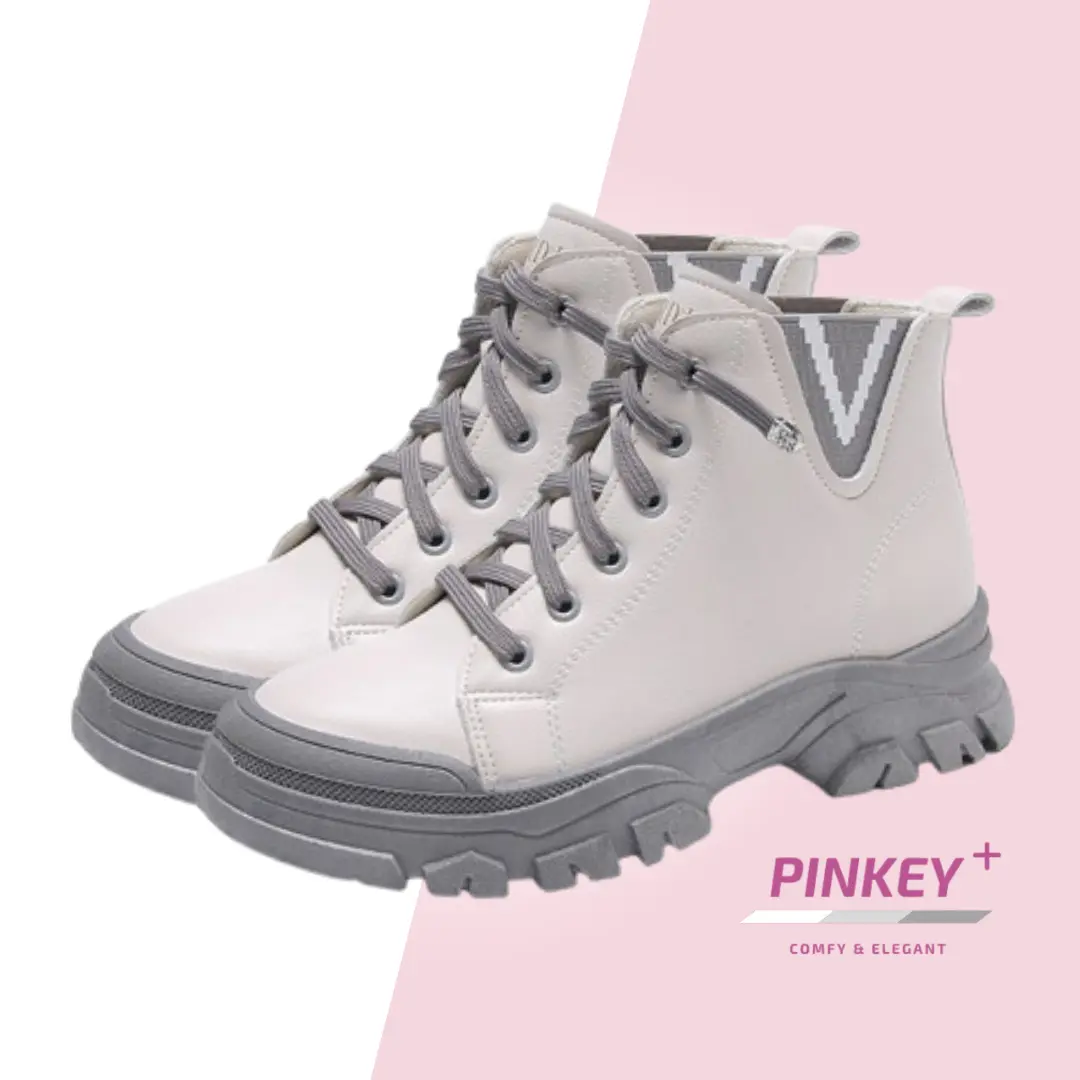 PINKEY P022 Sepatu Boots Wanita Shoes Sneakers Bot PU Coklat High Putih Wajib Naikan 1 Size