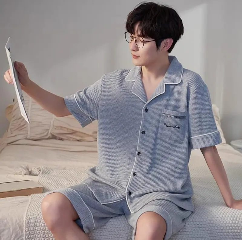 Baju tidur piyama cowok pendek bahan kaos katun kra kancing 3