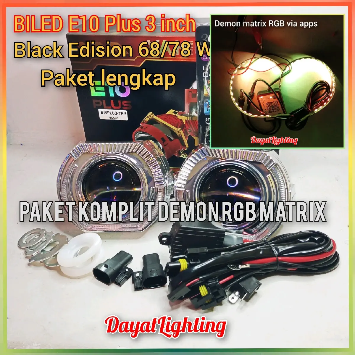 Bi-Led VAHID E10 PLUS flat | Projector lens 3 Inch, Paket komplit Demon RGB + Shroud matrix