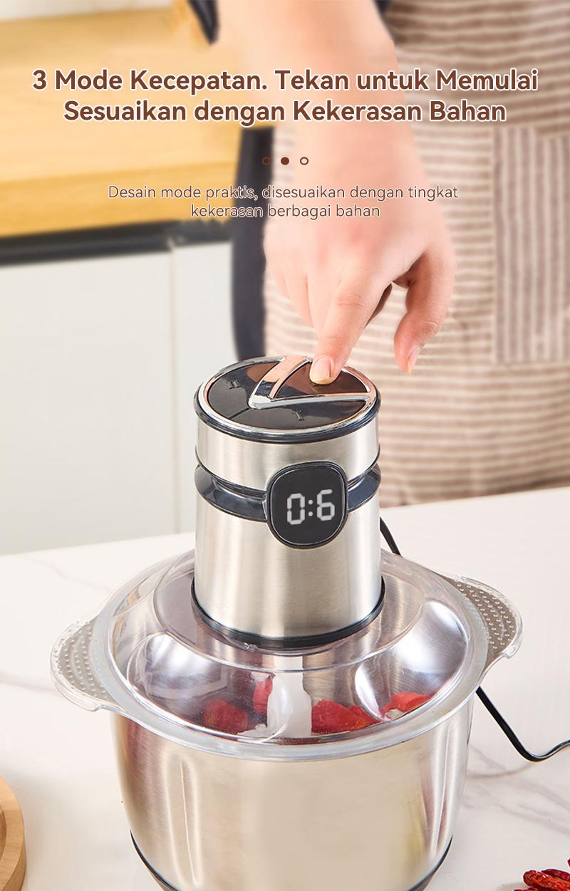 Penggiling/blender daging rumah tangga untuk daging, sayuran, dan buah-buahan, kapasitas 2 liter.