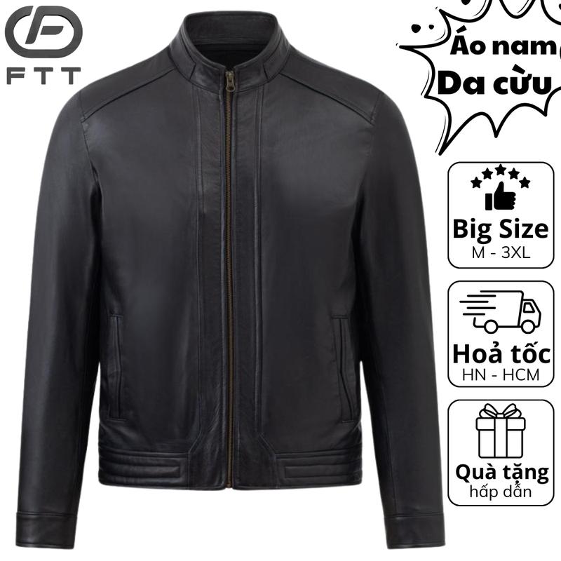 Áo da cừu nam lót lông cao cấp cừu Racer trơn phối gân dọc khoá lót lông tháo rời FTT Leather AD215C40