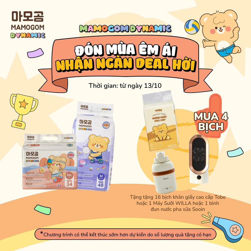 [MAMOGOM DYNAMIC x TRƯỜNG THỊNH] [Kèm quà tặng] Combo 04 bịch tã/bỉm dán/quần MAMOGOM DYNAMIC mềm mịn thấm hút cho bé