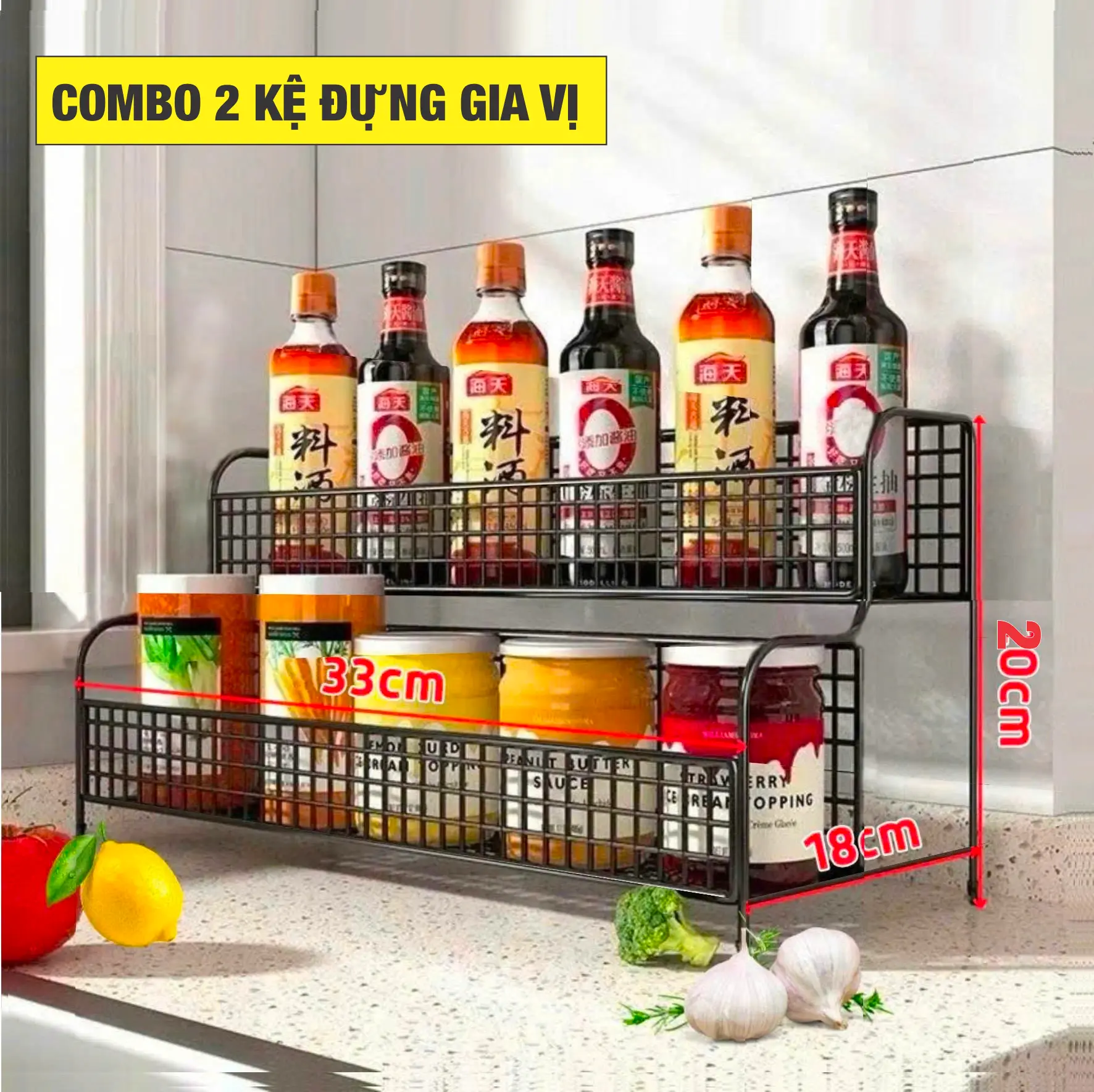 COMBO 2 HOẶC 1 Kệ đựng gia vị bếp 2 tầng bằng thép để bàn - có sơn tĩnh điện chống rỉ - dụng cụ nhà bếp A1