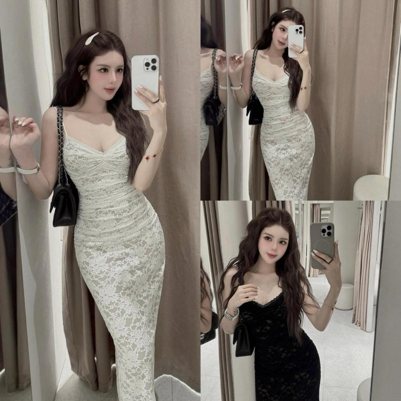 Váy body ren 2 dây hàng đẹp 2 lớp L1 Đầm Body MPB ren dáng dài xẻ tà sau sang chảnh đi tiệc đi chơi đi biển dress in