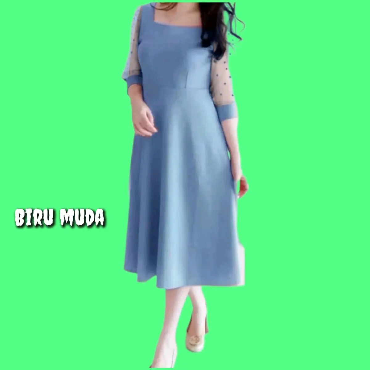 Baju Gaun Midi Dress Wanita Korea Natal Ibadah Gereja Pesta Scuba Biru Muda