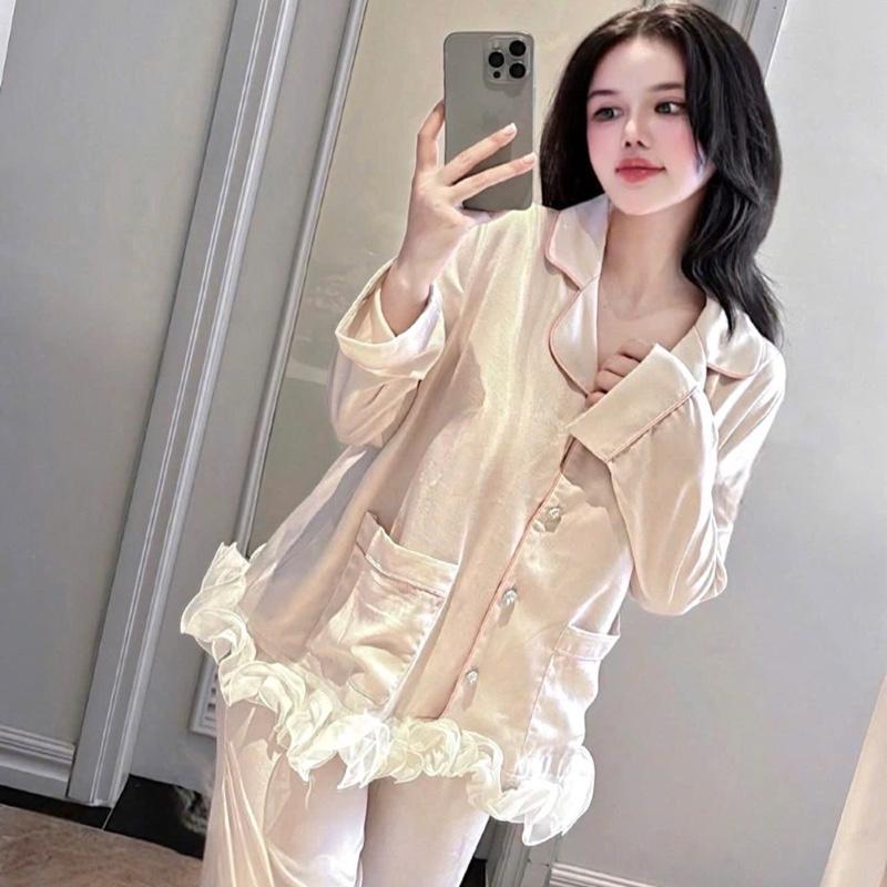 Đồ Bộ Ngủ Nữ Chất Lụa Latin Mềm Mịn Tay Dài Phối Ren Free size 40 - 60kg