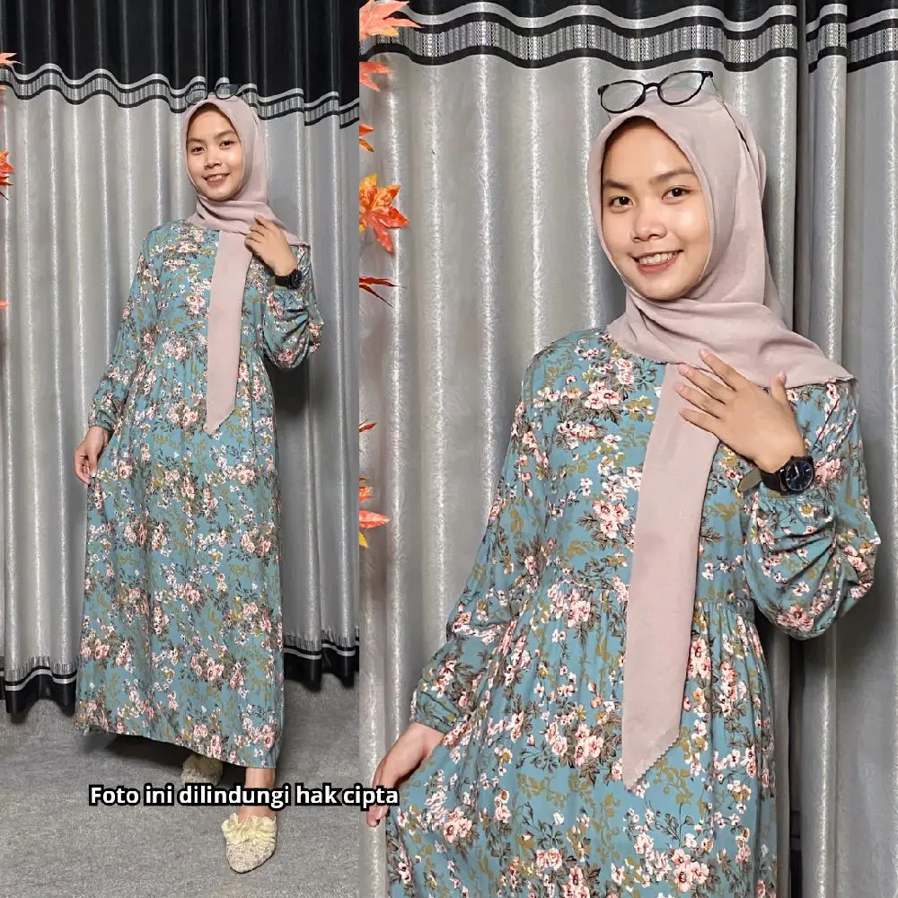 MIDI DRESS RAYON PREMIUM MOTIF Bunga // DRESS WANITA Menyusui NYAMAN lengan  Karet Muslim Wudhu friendly Gamis Cantik