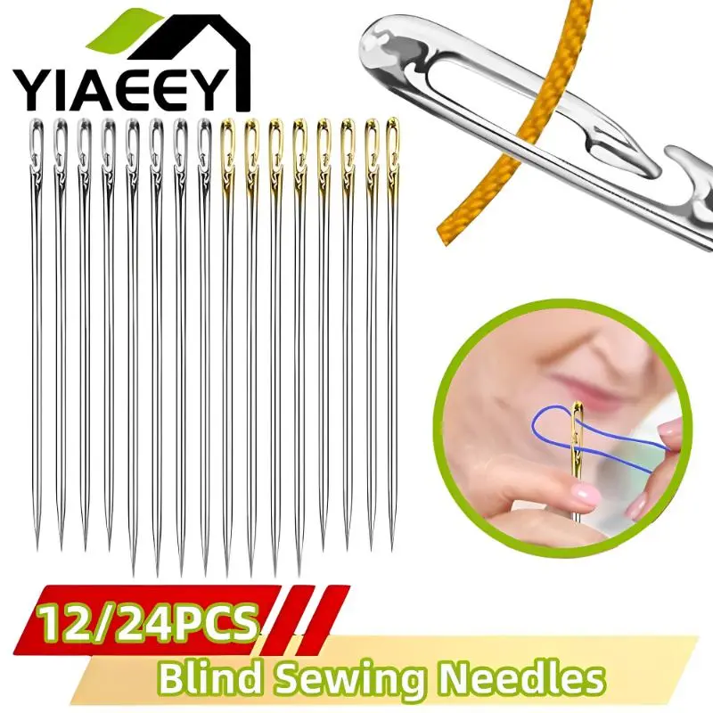 Kim Mù Bằng Thép Không Gỉ Cho Người Già, 12 / 24 Cái, May Vá, Lỗ Bên, Không Cần Luồn Chỉ Thủ Công, Trang Sức Gia Dụng Tự Làm