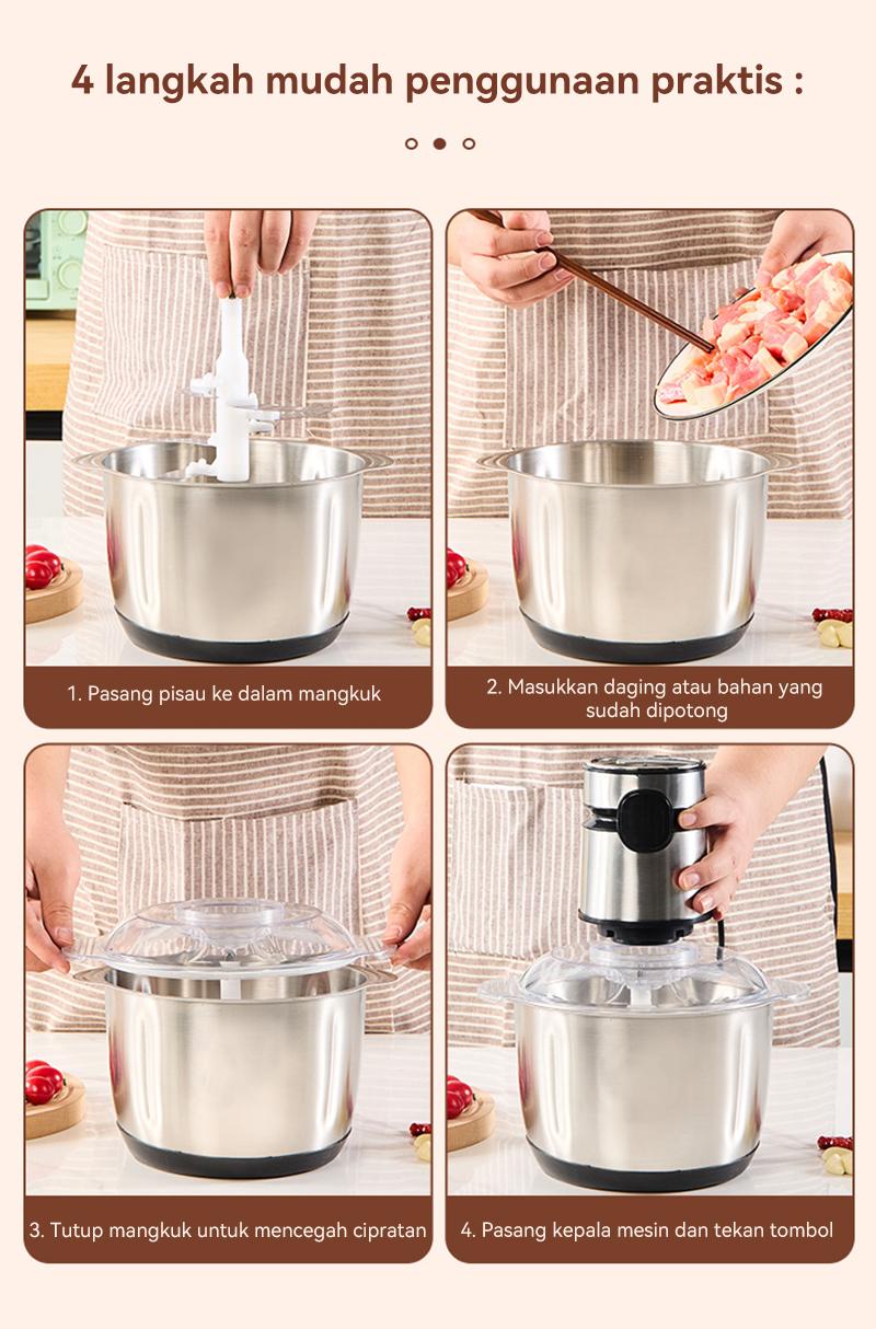 Penggiling/blender daging rumah tangga untuk daging, sayuran, dan buah-buahan, kapasitas 2 liter.