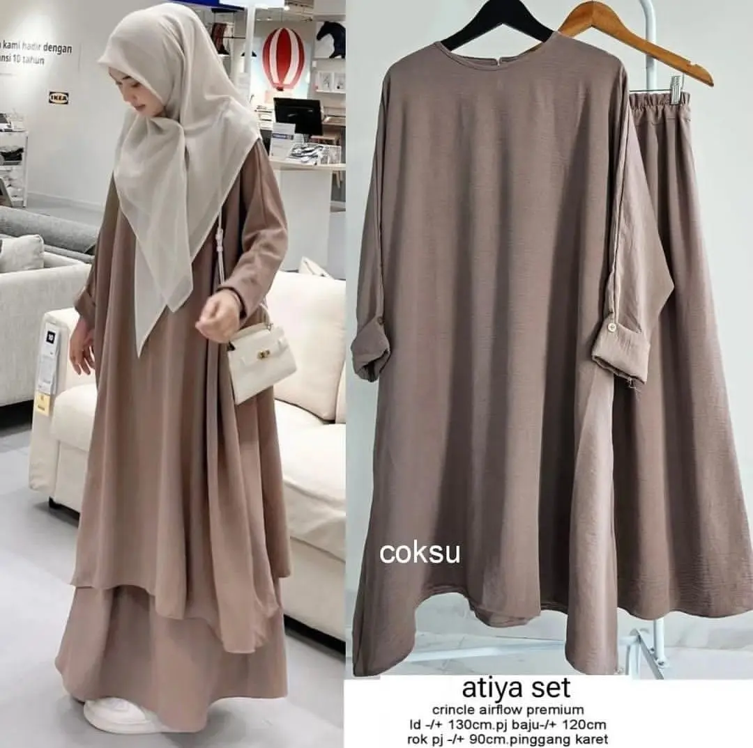 Atiya One Abaya ( Rok + Tunik ) Abaya Terbaru / Setelan Abaya / Yumna Abaya arab / Bahan Crinkle / Abaya Tukey / COD / Gamis Turki Airflow Syari gamisabaya Muslim Wanita Dress Hitam