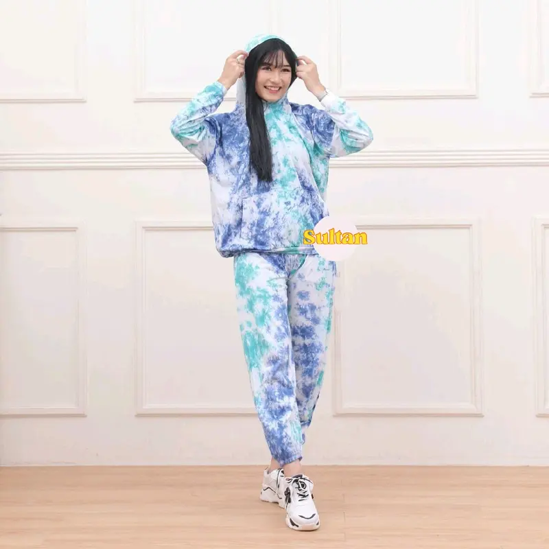 Setelan baju wanita setelan baju pelangi setelan hoodie perempuan Kaos Motif Nyaman Tie minimalis warna hitam 3