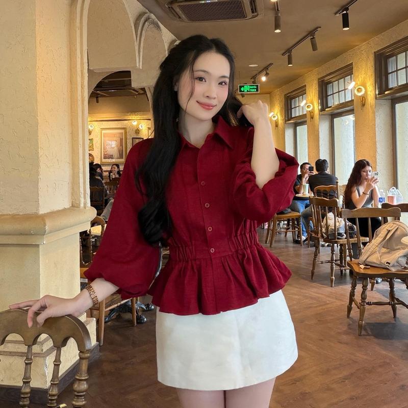 ,,Áo sơ mi nữ tay lồng đèn dáng chít eo xinh xắn trẻ trung LAMO - B1490