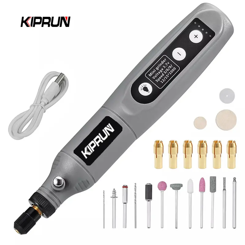 Dụng cụ mài, KIPRUN, Dụng cụ Quay không dây, Máy khoan không dây Điện 3,7V Dụng cụ điện, Bộ mài 15000rpm, Bộ dụng cụ khoan Điện, 5 tốc độ, Sạc USB 0