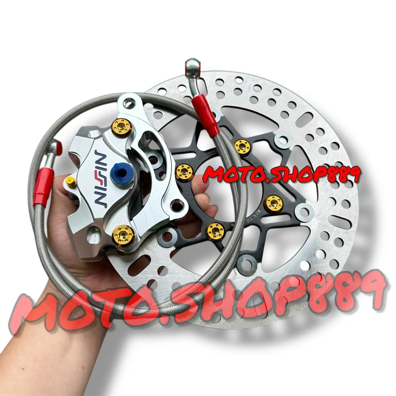 1PAKET KALIPER 2PISTON + PIRINGAN DISC 220MM + SELANG REM 90CM + BAUT DISC + BREKET 220MM BEAT VARIO SCOOPY MIO SMILE FINO VIXION XEON NOUVO JUPITER Z MIO SPORTY