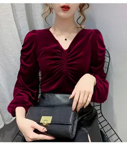 Golden Velvet Base Shirt for Women's Spring and Autumn New Style Loose and Versatile Bubble Sleeves V-neck Top Long Sleeve T-shirt