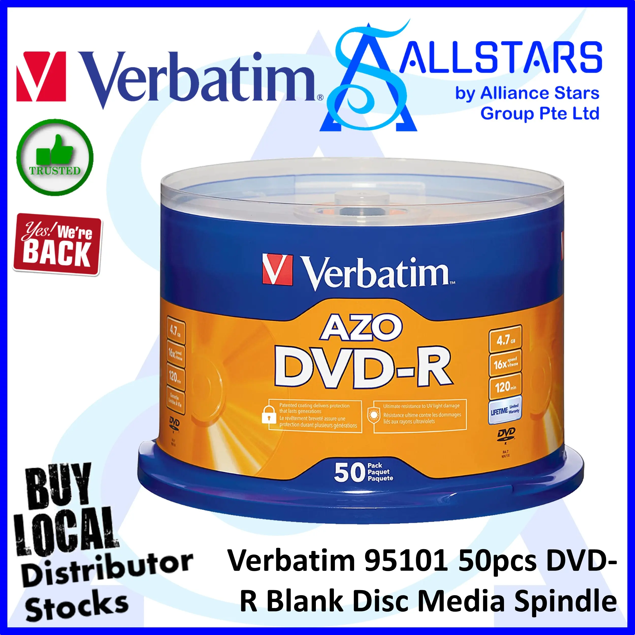 (ALLSTARS)Verbatim 95101 50pcs DVD-R Blank Disc Media Spindle / 4.7GB / 16X / 120mins / Verbatim DVDR / DVD Blank Disc / One spindle of 50pcs media