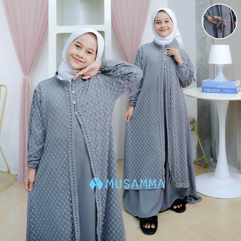DRESS ANAK RAISA  - Gamis Crinkel Premium Mix Brokat Tile Malika Kancing aktif dan Wudhu Friendly dress anak tanggung 6