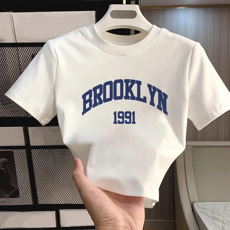 LYBH 006-130 Baju Pendek Wanita Tshirt Kaos Korean Style Crop Top Ketat Blue Letter Pattern Putih Polos Wanita Tshirt Kaos Korean Style Korea Style Baju Basic Crop Top Kaos Atasan Muda  Tshirt Tee Motif Hitam 0