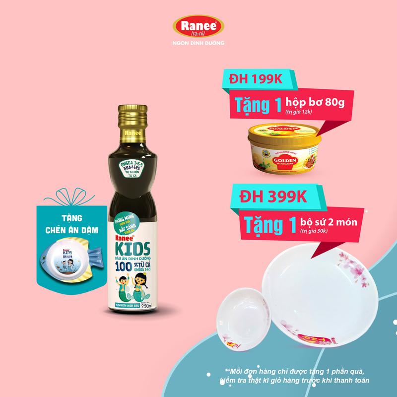 {Đơn 199k tặng hộp bơ-399k tặng bộ sứ 2 món} Dầu ăn Cá Hồi dinh dưỡng cho bé Ranee Kids 250ml + tặng kèm chén ăn dặm cao cấp hình cá