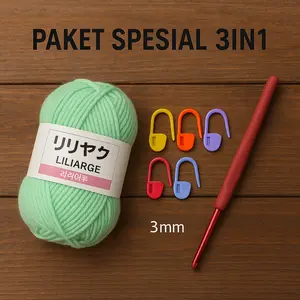 MADEBYBULAT - PAKET SPESIAL 3IN1 BENANG RAJUT PEMULA SPESIAL 4PLY 25 GRAM + HAKPEN + LOCKING STITCH