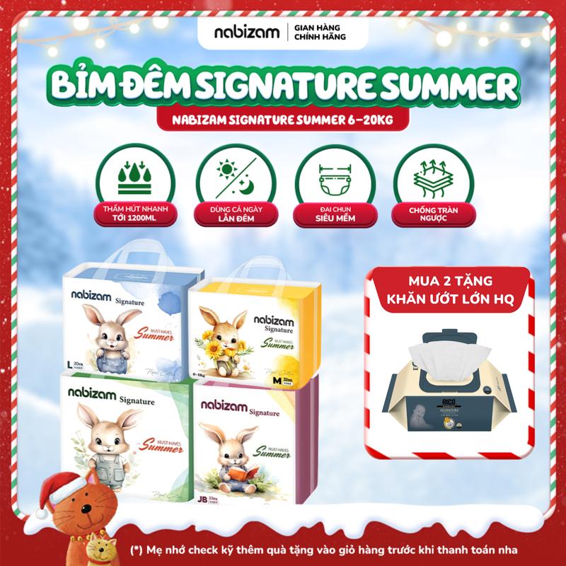 2 BỊCH BỈM ĐÊM SUMMER Tã Bỉm Đêm NABIZAM Signature Summer Nội Địa Hàn Mỏng Mềm Thoáng Khí Siêu Thấm Hút Size M L XL 2XL Từ 6-20kg