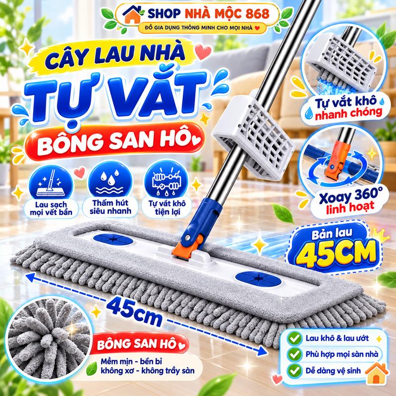Cây Chổi Lau Nhà Tự Vắt Bông SAN HÔ 45cm,cán inox 135cm 1 CHỔI 2 BÔNG LAU