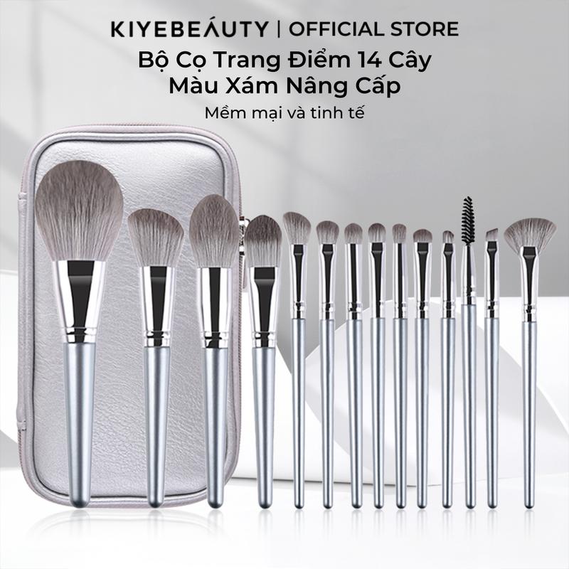 Bộ Cọ Trang Điểm Cá Nhân KIYE 14 Cây Màu Xám Chính Hãng Mềm Mại Bám Phấn Kèm Túi Đựng