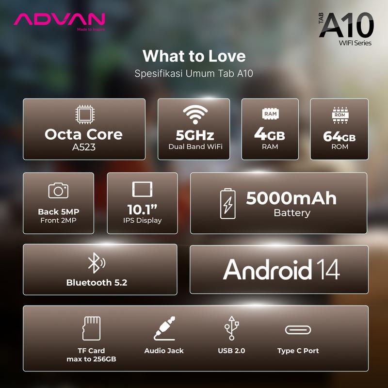 ADVAN TAB A10 Wifi 4GB/64GB 10.1” inch Octa Core IPS Screen Tablet Android 14 5000mAh 3