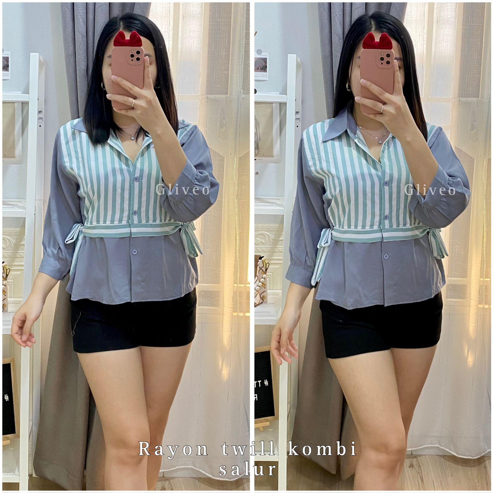 GLIVEO (COD) - KEMEJA KOMBI SALUR RAYON TWILL ADEM / KEMEJA SALUR WANITA LENGAN PANJANG/ ATASAN LENGAN PANJANG WANITA baju karya stripe