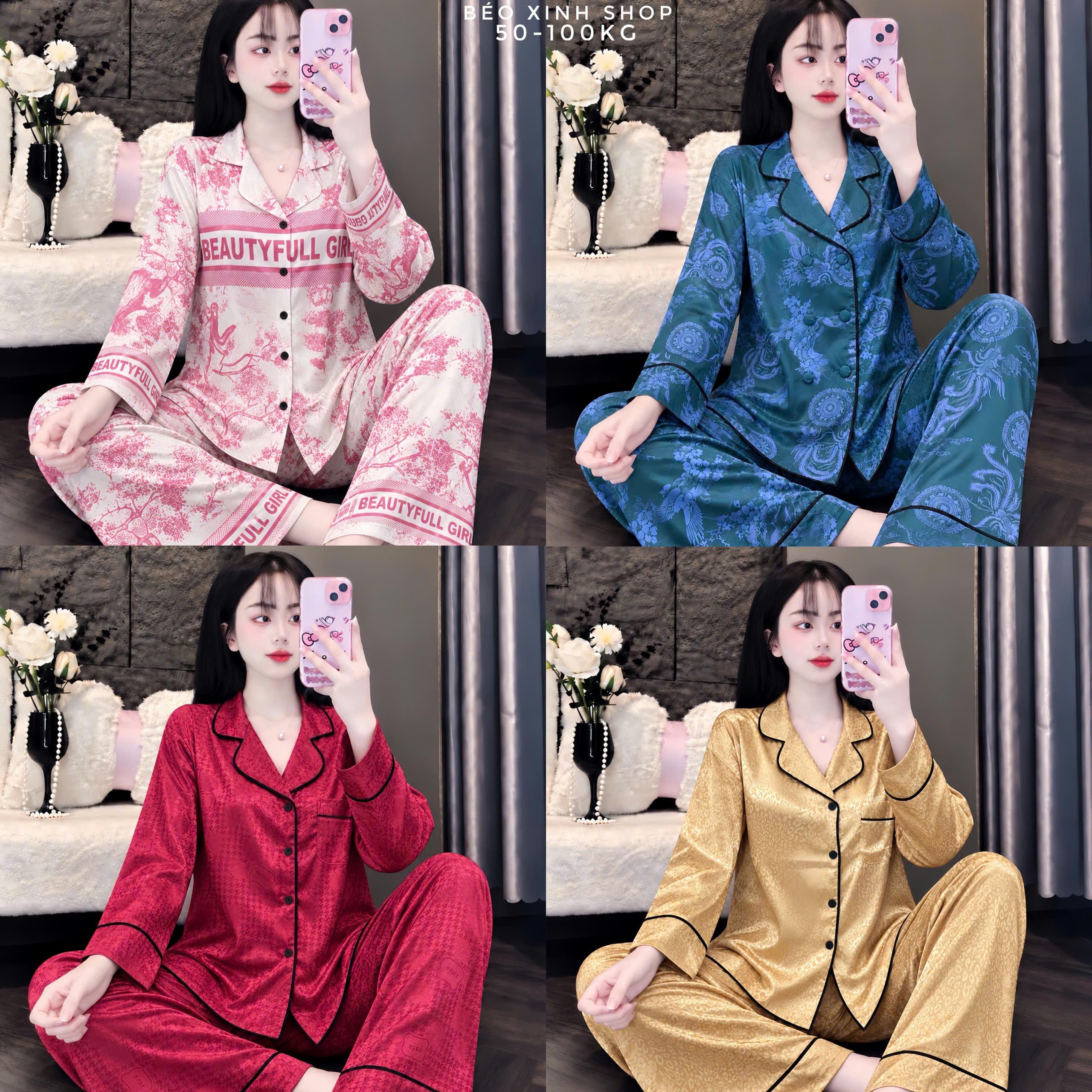 Đồ Bộ Thiết Kế Vải Lụa Gấm Xước Pijama Bigsize In 5D Cao Cấp 50-100kg Nữ Women Quần Ngủ - A.THGAM