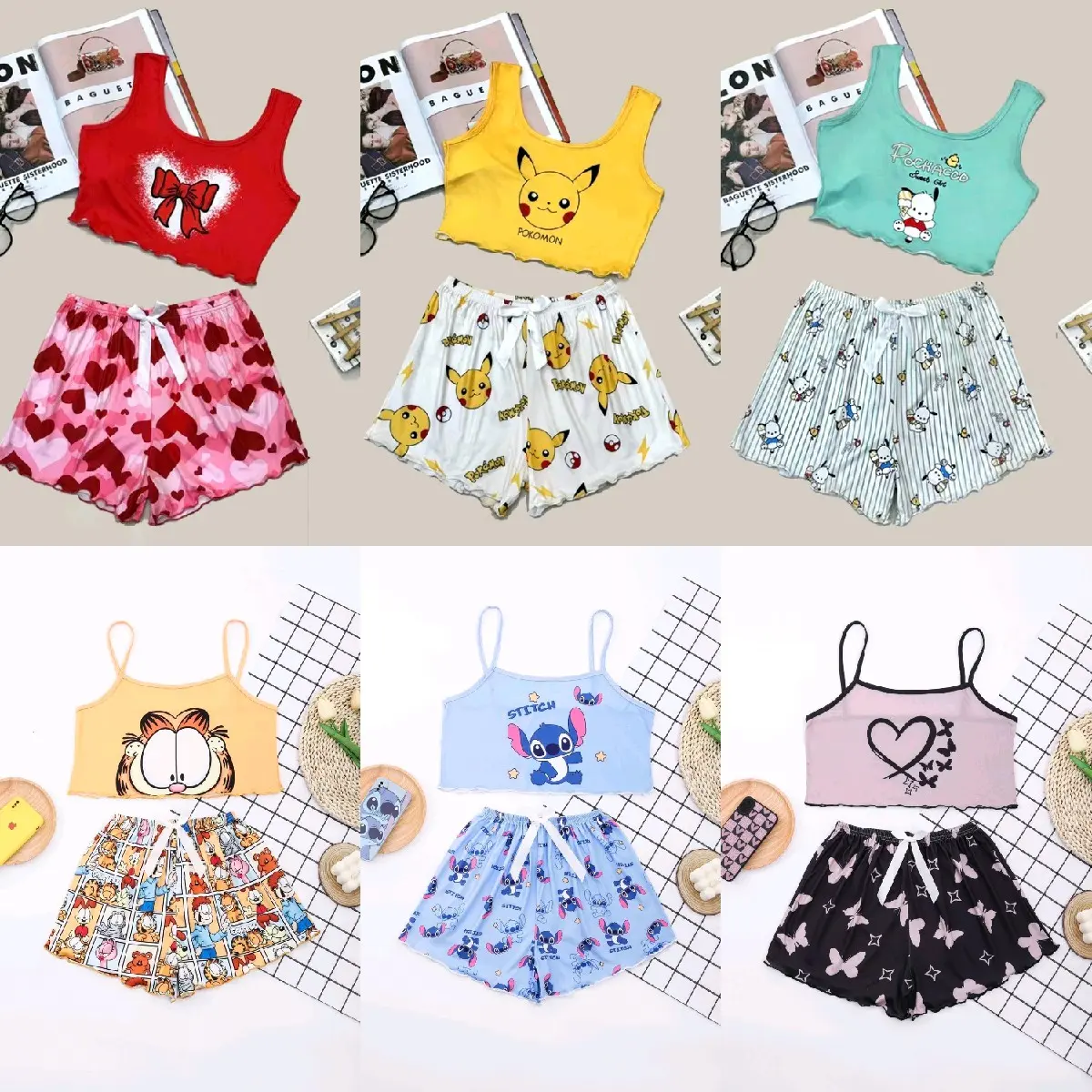 Summer sexy halter shorts pajamas set for women cartoon print homewear